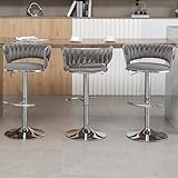 Reyxzoe Velvet Bar Stools Set of 3, Modern Swivel Barstools with Woven Backrest, Adjustable Counter Stools for Kitchen Island, Dining Room, Cafe, Pub (Grey)