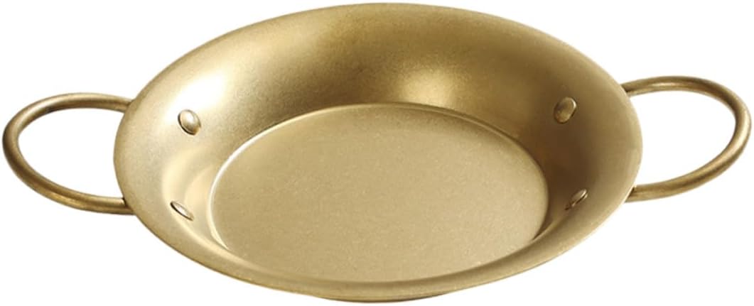 SEWACC Vintage Gold Stainless Steel Spanish Paella Skillet 20.5cm with Dual Handles round Baking Pan and Steaming Tray for Home Cooking and Serving