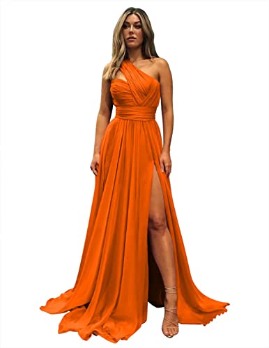 Morbore One Shoulder Chiffon Bridesmaid Dresses for Wedding 2025 High Slit Long Formal Prom Dress with Pockets Size 12 RE106 Orange