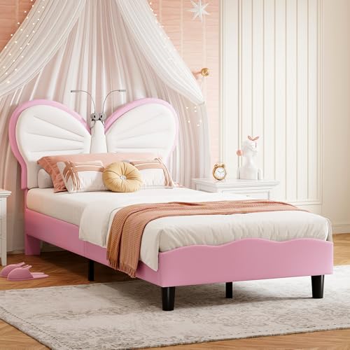 TIMORWTF Cama infantil 90 x 200 cm, cama niña princesa con luces LED, cabecera ajustable, marco de camas acolchado con somier de láminas, para niños y adultos, terciopelo, rosa