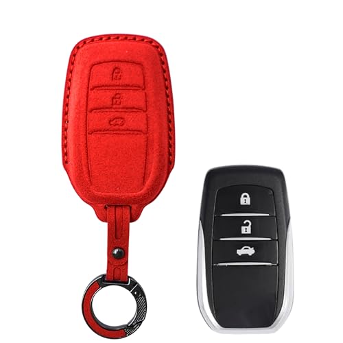 Image of KMH Alcantara Key Cover Compatible with Toyota Fortuner | Fortuner Legender | Innova Hycross 3 Button Shell Case Holder Full Key Protector Smart Keycover with Keychain (D3) Red - Pack of 2
