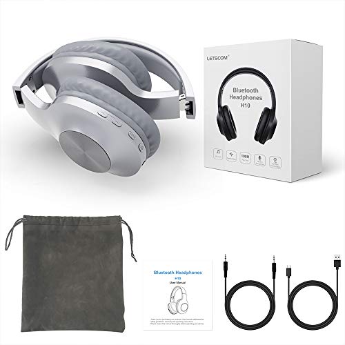 LETSCOM Bluetooth Headphones, 100 Hours Playtime Bluetooth 5.0 Headphones Over Ear with Deep Bass, Hi-Fi Sound and Soft Earpads, Built-in Mic, Wired/Wireless Headset for Home Office-Silver
