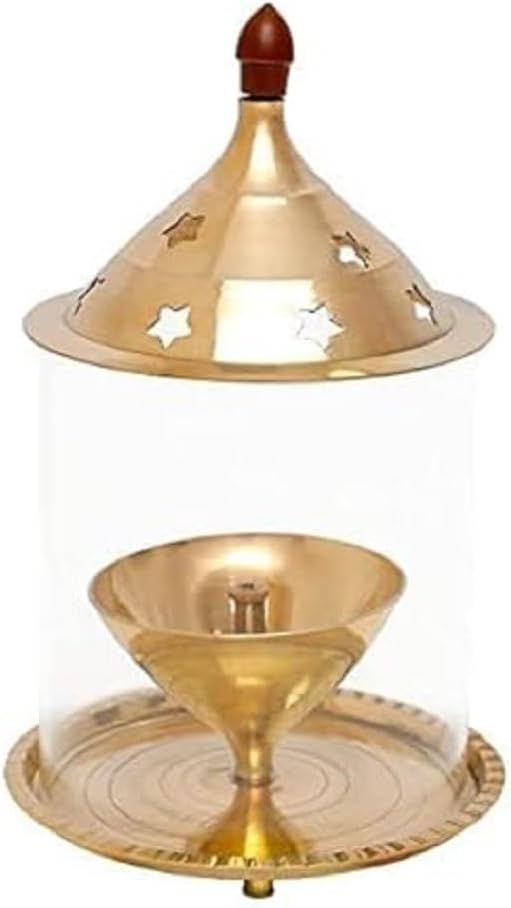 Brass Akhand Jyoti Diya with Glass Cover | 5-Inch Diwali Decor for Pooja, Home Decoration & Gifts | Batti Lamp with Wick Holder & Gold Lid for Bedroom & Mandir Lighting