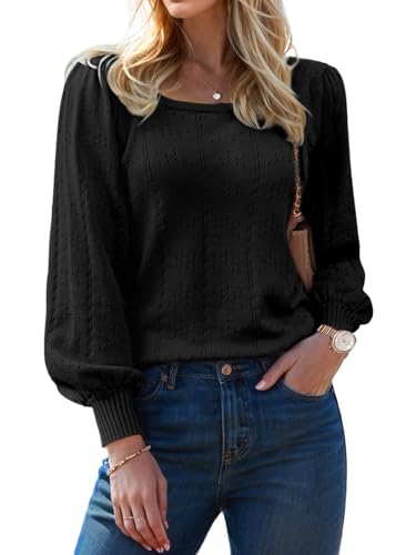 XINWEZZ Womens Sweaters Fall 2024 Casual Puff Long Sleeve Square Neck Cozy Knitted Pullover Sweater Tops Trendy Outfits Black