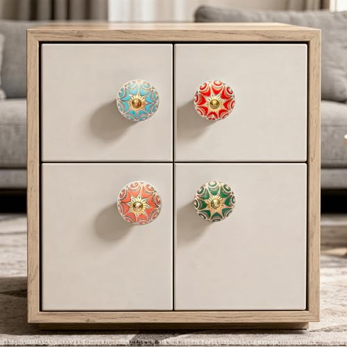 Image of Craft Trade Pack of 10 Round Golden Printed Ceramic Cabinet Knobs - Multicolor