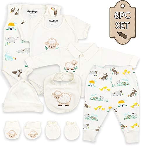 Baby Bright Newborn Clothes Set for Girl 0 to 3 Months 8 pcs Set Made from 180GSM BioSilky 100% Combed Cotton with Embroidery Includes Bib Mittens Booties Pajama Set Cap and 2 Bodysuits