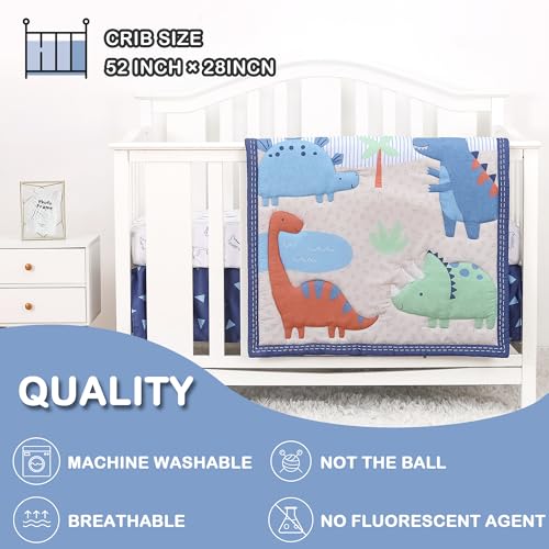 Image of Dinosaur Crib Bedding Set for Boys 4pcs,Baby Nursery Bedding Crib Set Including Quilt,Skirt,Sheet, Blanket.Blue Crib Sets