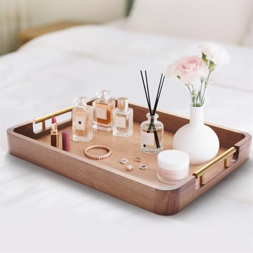 Image of Wooden Serving Tray for Home and Kitchen | Acacia Wood Large Rectangular Tray with Handles for Resturant, Cafe, Breakfast, Multipurpose Organzier | (Food Safe Oil Finish) (Florence)