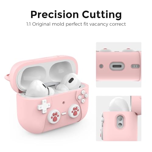 Image of Cute Cat Silicone Case Cover for Apple Airpods Pro 3 (2025), Game Console with Carabiner (Baby Pink, Cat)