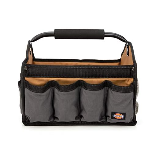 Dickies 12-Inch Durable Canvas Tool Tote Bag Organizer, 12 Exterior Pockets, 16 Tool Loops, Grey/Tan