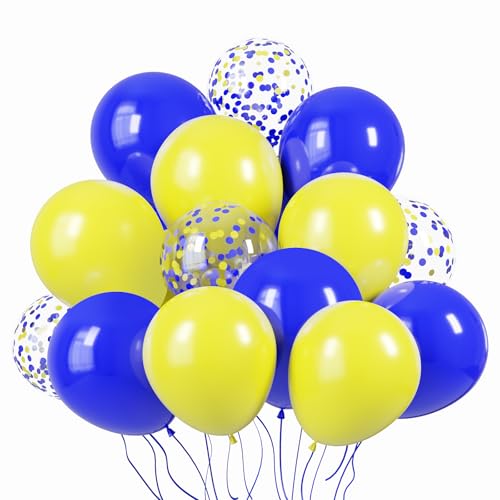Image of KBZVNAF Blue and Yellow Latex Balloons - 60 Pack 12 inch Royal Blue Yellow Confetti Party Balloons for Birthday, Baby Shower, Wedding, Graduation Party Decorations
