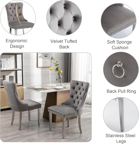 Image of 94.5 inch Faux Marble Dining Table Set for 6, Modern White Extendable Kitchen Table with Mirrored Pedestal, Modern Dining Room Table with 6 Gray Tufted Velvet Chairs, 7 Piece Dining Set for Living