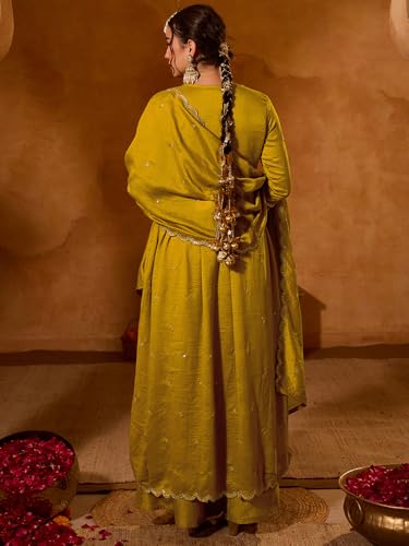 Image of Naixa Women's Vichitra Silk Siquinned Embroidered Flared Kurta with Pant and Dupatta Sets (NX-786)