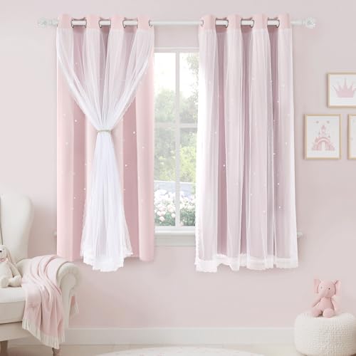 PONY DANCE Girls Pink Blackout Curtains Eyelet Thermal Insulated Double Layers with Star Cut-Outs Darkening Privacy Drapes for Kids Room and Nursery 2 Panels 132x137cm (52x54 inch)