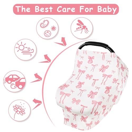 Image of TANOFAR Car Seat Cover for Baby, Multi-Use Cover Carseat Canopy, High Stretchy & Breathable Infant Carseat Cover, Shower Gifts for Unisex Boys and Girls (Pink Bow)