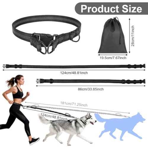 OFFCUP Joggingleine Hunde Hundeleine Freihändig, Dual Griffe Reflektierende verstellbar 124-180cm, Hunde Freihändig Hundeleine für Große und Mittelgroße Hundes bis zu 50 kg, Grau