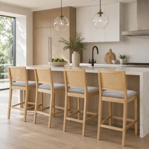 Image of Rattan Counter Height Bar Stools Set of 4, 25.6'' Modern Counter Stools with Cane Back, Mid Century Bar Chairs for Kitchen Counter /Home Bar /Restaurant, Grey