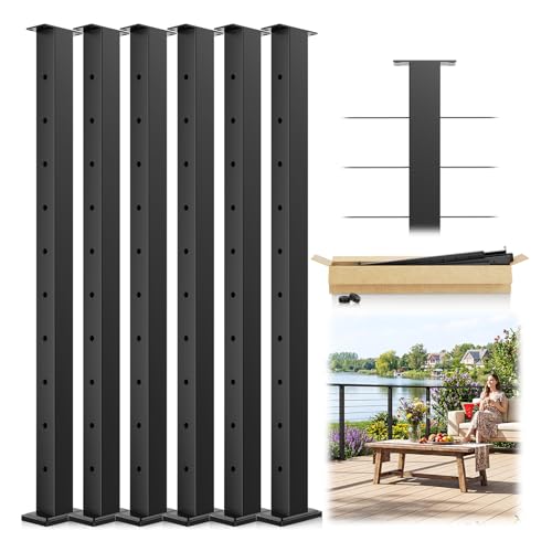 Image of 6Pack 36 inch Swageless Modular Cable Railing Post, Stainless Steel T304 Black Coated Surface Mount 35 inchx2 inchx2 inch Level Drilled Line Post for Cable Railing System Deck Indoor Outdoor Porch Balcony
