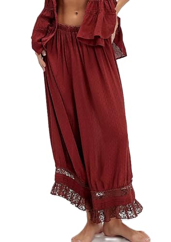 Image of UAURORAO Women Lace Trim Long Bloomers Elastic Mid Rise Ruffle Pantaloons Cropped Flared Slips Pants Pajama Bottoms(Wine Red,Small)