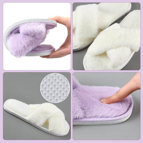 Image of Cutecrop 7 Pairs Sage Green Blue Purple Bridesmaid Slippers Women's Cross Band Fuzzy Bridal Party Slippers Bachelorette Gifts for Wedding Bridal Shower Party