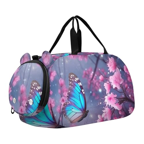 Butterfly Flower Duffle Bag for Girl, Sports Duffle Gym Bags with Shoe Compartment, Personalized Overnight Bag Travel Weekender for Kids