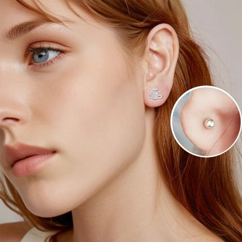 20G Tiny Cute Saturn Stud Earrings for Women Silver Plated Cubic Zirconia Planet Aesthetic Y2k Earring Small Ball Screw Back Studs Mini Cartilage Tragus Long Post Dainty Space Jewelry Gifts2