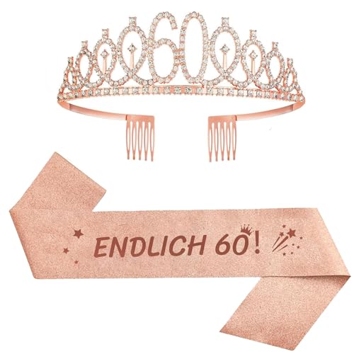 2er Set 60. Geburtstag Schärpe und Tiara Rosa Geburtstag Schärpe Geburtstag Krone 60 Geburtstagskrone Prinzessin Kristall Krone Schärpe für Frauen 60. Geburtstag Geschenke Partyzubehör
