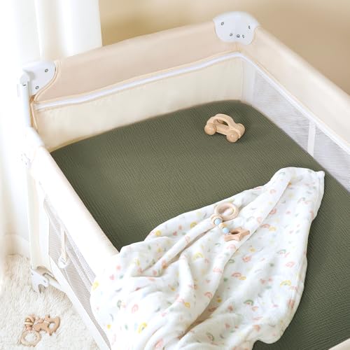 Image of TILLYOU Muslin Mini Crib Sheets 2 Pack, Pack and Play Mattress Sheets Fitted for Pack N Play, 38 x 26 Sheet for Toddler, Forest Green and Light Green
