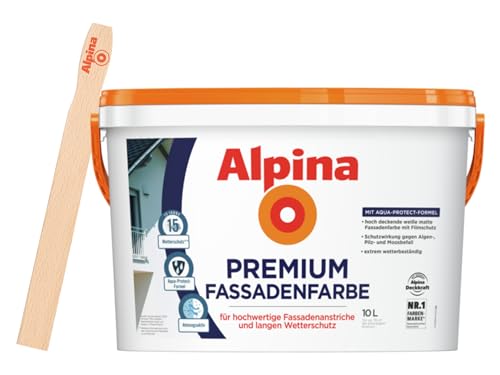 Alpina Premium Fassadenfarbe 10 Liter Weiß matt – langlebige Schutzschicht für strahlende Außenwände – inkl. gratis Rührholz