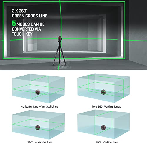 Image of Self Leveling Laser Level 3x360 3D Cross Line Rotary Lasers Green Beam, Pulse Mode Battery Indicator, USB Type-C Charging, 360 Adjustable Liftable Magnetic Base, Li-ion Battery