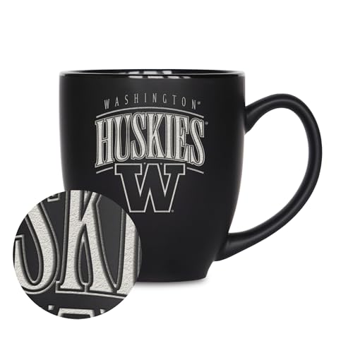 Rico Industries NCAA Washington Huskies Tribute 15oz Laser Engraved Matte Black Ceramic Bistro Mug - For Hot or Cold Drinks
