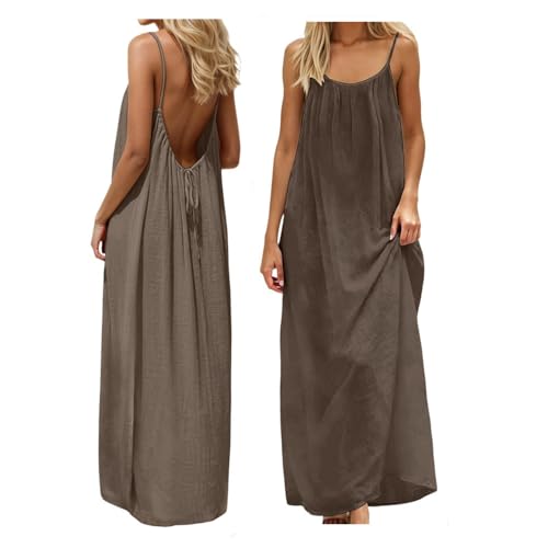 Backless Cami Dress Backless Dress House Dress for Women Sleeveless Long Cami Lounge Dress Backless for Indoor Summer Wear (US, Alpha, Large, Regular, Regular, Coffee)