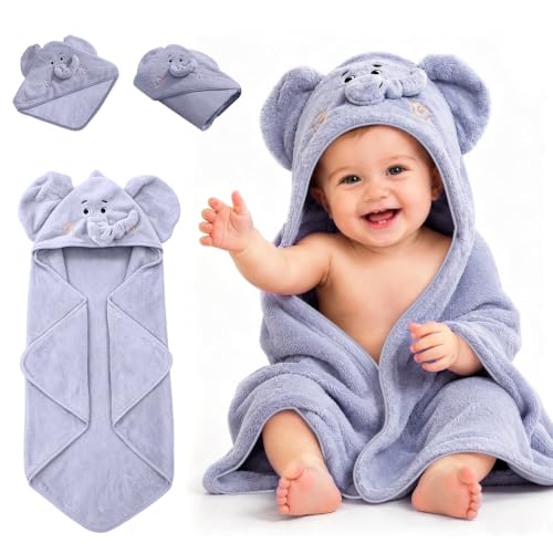 Image of Hooded Baby Towel- Large Baby Towel with Hood(31.5 x 31.5 Inch), Natural toddler towels,Ultra Soft and Absorbent Coral Velvet Coral Fleece Bath Towel for Infants, Newborns, Toddlers (Elephant - Blue)
