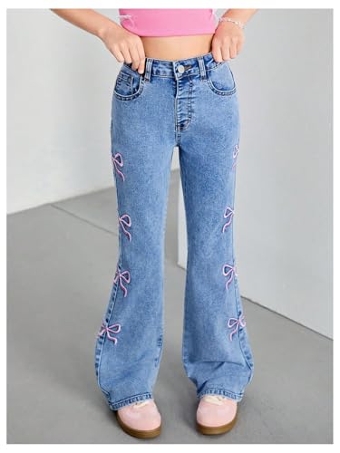 WDIRARA Girl's Cute Bowknot Embroidery Flare Jeans Y2k High Waisted Bootcut Denim Pants4