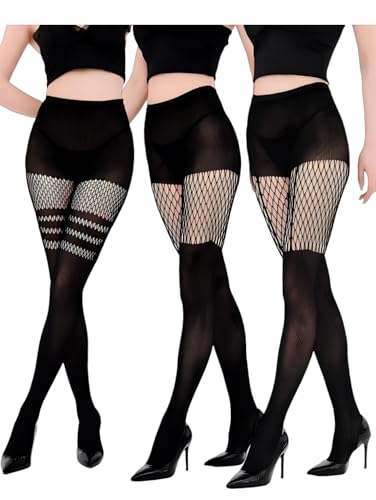 Thigh High Fishnet Stockings Black Tights Leggings Goth Opaque Striped Pantyhose for Women 3 Piece