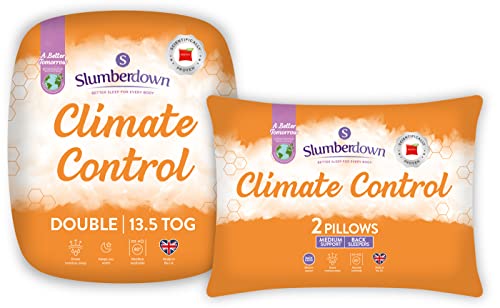 Slumberdown Climate Control Double Duvet - 13.5 Tog Temperature Regulating Warm Winter Quilt for Cold & Chilly Nights, 2 Medium Pillows - Hypoallergenic, Machine Washable, Size (200cm x 200cm)