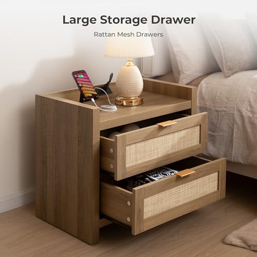 Image of SICOTAS Bed Night Stand Set of 2 - Rattan Nightstands with Type-C Charging Station, 2 Storage Drawers - Boho Bedside Tables End Table for Small Space - Natural Oak