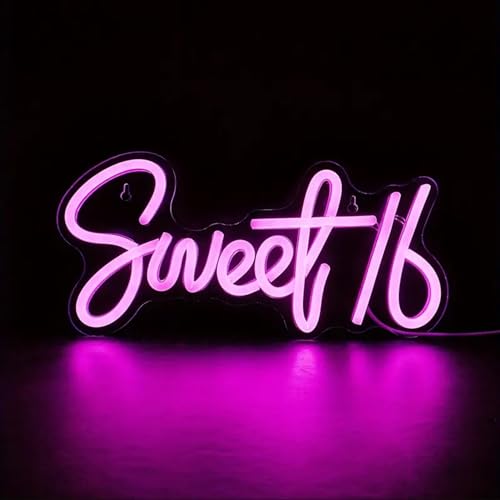 Image of LED Pink Sweet 16 Neon Signs 17x7in Dimmable Arylic Neon Lights for Teens Girls Daughter Birthday Party Bedroom Wall Window Decor,Pink Decorative Night Light for Birthday Gifts