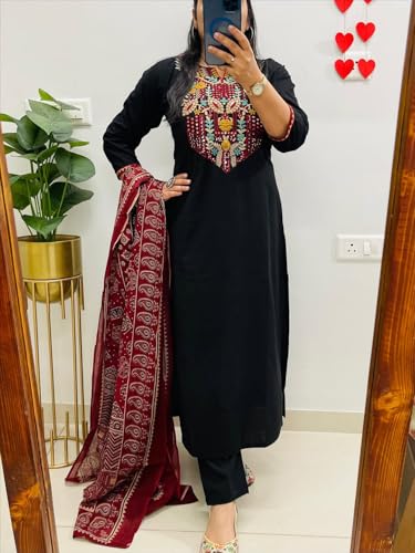 Image of ANNI Designer Women's Rayon Viscose Embroidered Straight fit Kurta with Pant and Printed Dupatta Set | Elegant Ethnic Kurta Pant Dupatta Set for Women | Festive Office Casual Wear