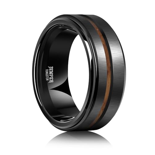JEWPER 8mm Men Womens Wedding Band Tungsten Rings Black Fashion Promise Carbide Inlaid whiskey barrel wood Outer ring step edge sanding Matte Finish Edge Comfort Fit size(10.5)