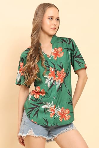 Image of Womens Casual Shirt Soft Beach Shirts Floral Tropic Print V Neck T-Shirt Short Sleeve Button Up Tops