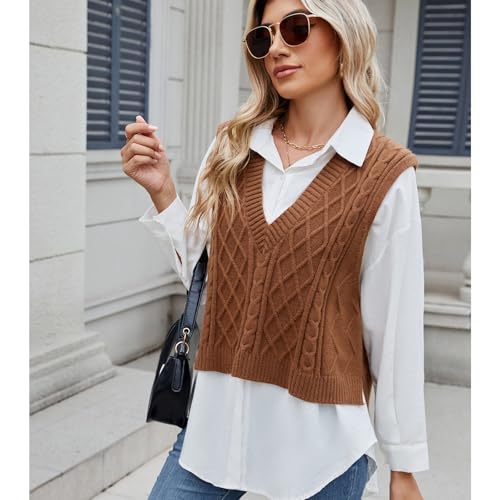 Image of Blostirno Women's Sweater Vest V Neck Sleeveless Casual Ribbed Cable Cropped Pullover Vests Argyle Plaid Knit Tank Tops