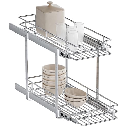 Luxeyard 2-Tier Pull Out Cabinet Organizer, 10.5" W x 21.5" D, Heavy Duty Dual Slide Out Shelves for Narrow Base Cabinets, Chrome Wire Basket Drawer for Spices, Bottles & Snacks