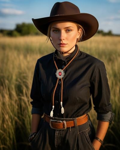 Image of PEARLY JUN Bolo Tie for Men Women Rhinestone Cowboy Brown Country Style Handmade Leather String Rodeo Festive Days Gifts