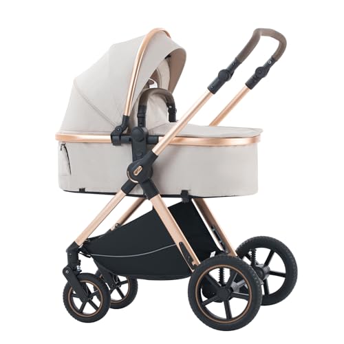 3 in 1 Baby Stroller Travel Systems Pushchair Aluminium Frame High Landscape Combined Strollers Lightweight Folding Stroller for Features an Adjustable Push Handle Height Compact Pram - Image 3