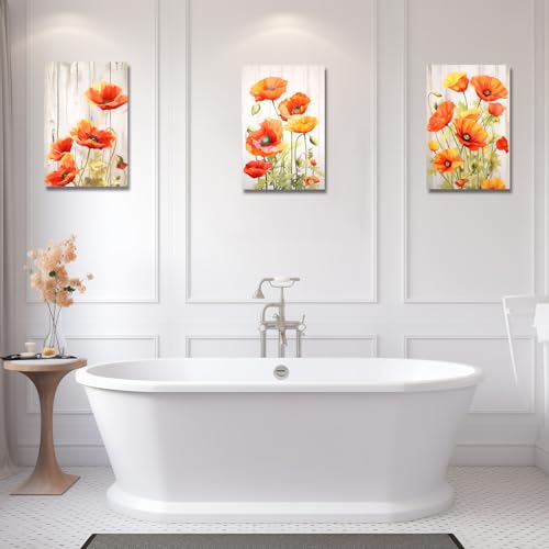 LZIMU Elegant Poppies Canvas Wall Art 3 Pieces Orange Poppy Flower Blossom Picture Prints Rustic Wood Background Artwork for Bathroom Office Kitchen Decor Framed (Poppy-1 - Image 2