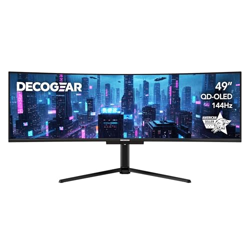 Deco Gear OLED 49 Inch Curved Monitor, 5K 1800R Dual Ultrawide QHD Screen, 144HZ 0.03ms 5120×1440 32:9 HDR400 | FreeSync Premium 100% sRGB 90W USB-C | Built-in Speakers| Height Adjustable Stand