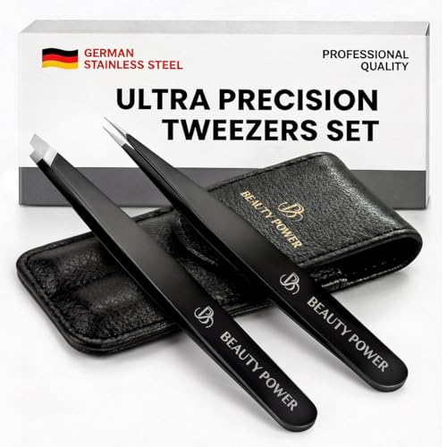 Beauty Power Precision Tweezers for Women Facial Hair & Men - Professional Tweezers Set with Slant & Point Tips, German Stainless Steel, Black PU Leather Case, Lightweight & Ultra Precision - Gift