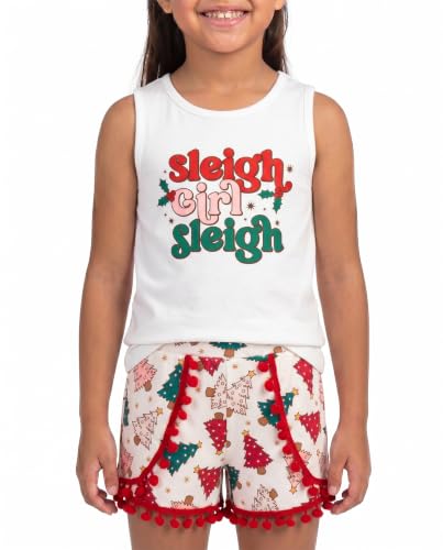 Image of Unique Baby Girls Toddler Big Kid Sleeveless Tank with Pom Pom 2pc Shorts Set Outfit