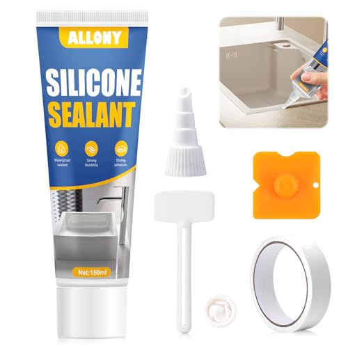 ALLONY Silicona transparente sanitaria, 150 ml, sellador impermeable, silicona para sellar, reparación de juntas para ducha y cocina, elástico, se adhiere al vidrio, metal, cerámica, silicona